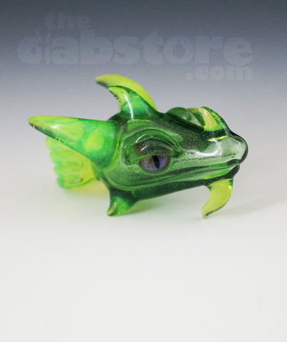 Scoz Glass Dragon Head Pendant Green Star Dust Over Slyme w/ Pruple Eyes