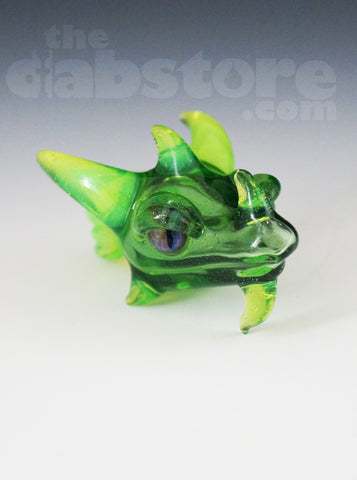Scoz Glass Dragon Head Pendant Green Star Dust Over Slyme w/ Pruple Eyes
