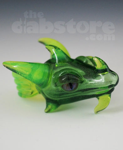 Scoz Glass Dragon Head Pendant Green Star Dust Over Slyme w/ Pruple Eyes