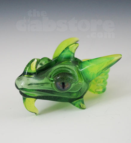 Scoz Glass Dragon Head Pendant Green Star Dust Over Slyme w/ Pruple Eyes