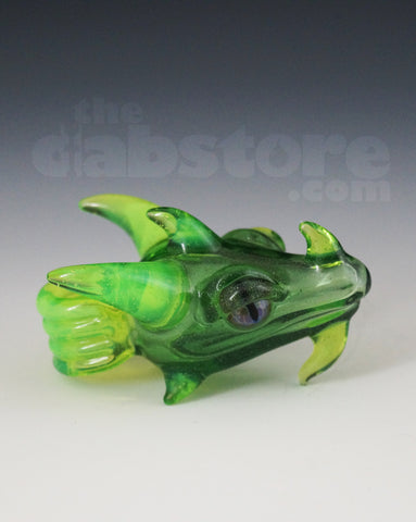 Scoz Glass Dragon Head Pendant Green Star Dust Over Slyme w/ Pruple Eyes