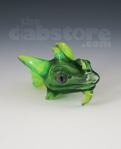 Scoz Glass Dragon Head Pendant Green Star Dust Over Slyme w/ Pruple Eyes