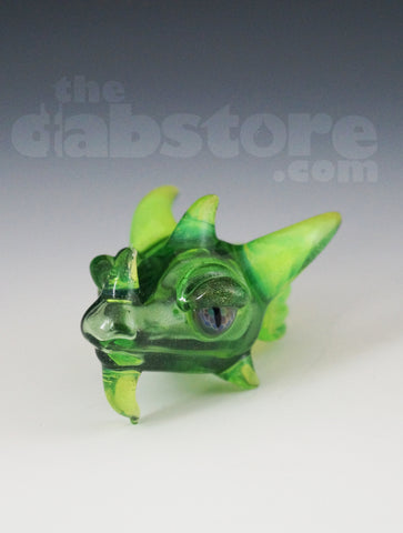 Scoz Glass Dragon Head Pendant Green Star Dust Over Slyme w/ Pruple Eyes