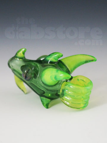 Scoz Glass Dragon Head Pendant Green Star Dust Over Slyme w/ Pruple Eyes