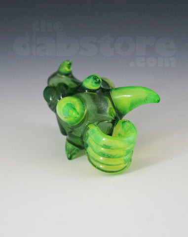 Scoz Glass Dragon Head Pendant Green Star Dust Over Slyme w/ Pruple Eyes